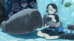 Rule 34 | 3girls, :o, absurdres, aquarium, baby bottle, bird, black hair, black overalls, black scarf, black wetsuit, bodysuit, bottle, commentary, diva (hyxpk), diving suit, donut stamp, duck, english commentary, feeding, goggles, green hair, green hat, green shirt, grey hair, hat, highres, holding, holding sign, king penguin, manatee, multicolored hair, multiple girls, orca keeper (diva), overalls, parrot keeper (diva), penguin, penguin hat, penguin keeper (diva), scarf, seal puppet, shirt, short hair, sign, spiked hair, springsuit, streaked hair, wetsuit, whistle, whistle around neck, white hair, white shirt, zoo, zookeeper, zookeepers (diva)