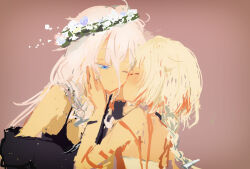 2girls black_camisole black_choker blue_eyes blush braid braided_ponytail camisole cevio choker closed_eyes closed_mouth commentary_request hair_between_eyes hair_flaps half-closed_eye hand_on_another&#039;s_cheek hand_on_another&#039;s_face hand_up head_wreath highres ia_(vocaloid) kabuyama_kaigi kiss kissing_cheek long_hair multiple_girls one_(cevio) one_eye_closed orange_camisole pink_background siblings side_braid simple_background sisters smile spaghetti_strap upper_body vocaloid white_hair yuri