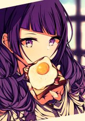 1girl absurdres bacon blurry blurry_background bread_slice commentary_request diagonal_bangs eating egg_(food) food fried_egg fried_egg_on_toast highres idolmaster idolmaster_shiny_colors kakuzatou_(cubesugar03196) long_hair long_sleeves purple_eyes purple_hair shirt solo sunny_side_up_egg tanaka_mamimi toast upper_body white_shirt window