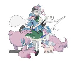 2girls aged_down animalization black_bow black_bowtie black_hairband black_ribbon black_shoes blue_dress blue_hat bow bowtie carrying carrying_person cat child chinese_commentary collared_shirt commentary_request dog dress folded_fan folding_fan fox frilled_dress frills green_dress green_eyes hair_ribbon hairband hand_fan hat holding holding_fan konpaku_youmu konpaku_youmu_(ghost) mary_janes mob_cap multiple_girls open_mouth pig pinafore_dress pink_hair puffy_short_sleeves puffy_sleeves rabbit red_eyes ribbon saigyouji_yuyuko sheep shirt shoes short_hair short_sleeves sleeveless sleeveless_dress socks sweat touhou white_hair white_shirt white_socks xian_qishui