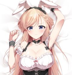 1girl alternate_costume animal_ear_hairband animal_ears araragi_ayune bare_shoulders black_choker black_corset blonde_hair blue_eyes blush bow braid breasts choker cleavage closed_mouth collarbone commentary corset detached_sleeves enmaided fake_animal_ears frilled_choker frilled_wrist_cuffs frills hairband isshiki-san_wa_koi_wo_shiritai. large_breasts long_hair looking_at_viewer lying maid merchandise_available on_back rabbit_ear_hairband rabbit_ears rinna_milford short_sleeves solo swept_bangs symbol-only_commentary upper_body white_sleeves wrist_cuffs