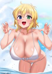 1girl :d absurdres bent_over bikini blonde_hair blue_eyes blush bow bow_bikini breasts collarbone commentary_request green_eyes heterochromia highres kenja_panda large_breasts looking_at_viewer open_mouth ryouna_(senran_kagura) senran_kagura senran_kagura_shinovi_versus short_hair smile solo standing swimsuit thighs tongue wading water white_bikini