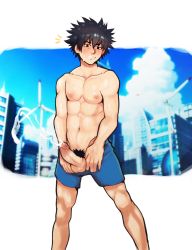 1boy black_hair blue_shorts blush cityscape cum ejaculation erection feet_out_of_frame handsfree_ejaculation highres kamijou_touma looking_at_viewer male_focus male_pubic_hair nipples penis projectile_cum pubic_hair robokeh short_hair shorts solo spiked_hair testicles toaru_majutsu_no_index toned toned_male topless_male uncensored