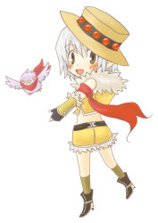 1girl armband bird black_boots black_gloves boots brown_eyes brown_hat brown_socks commentary_request fingerless_gloves full_body fur-trimmed_shirt fur-trimmed_shorts fur_trim gloves grey_hair hat hawk looking_at_viewer looking_to_the_side open_mouth pointy_ears ragnarok_online shirt shorts simple_background sleeveless sleeveless_shirt smile sniper_(ragnarok_online) socks solo two-tone_gloves white_background yellow_gloves yellow_shirt yellow_shorts yuetoko