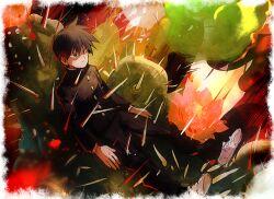 1boy aoki_(fumomo) asymmetrical_hair black_eyes black_hair black_jacket black_pants border buttons cactus closed_mouth collared_jacket commentary_request expressionless flower full_body gakuran hair_between_eyes high_collar impaled jacket kageyama_ritsu layered_sleeves long_sleeves looking_ahead mob_psycho_100 outline pants pink_flower red_outline red_pupils school_uniform shaded_face shoes short_hair sneakers solo spiked_hair spikes sunset undershirt white_border white_shoes