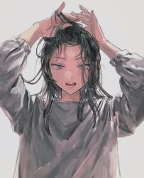 1girl :d adjusting_hair black_hair buttons grey_background grey_eyes grey_shirt highres looking_down medium_hair open_mouth original shirt simple_background three-quarter_sleeves smile solo teeth tsurime ueno_zousui