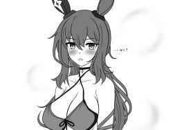 admire_vega_(umamusume) bikini black_choker breasts choker ear_covers greyscale large_breasts looking_at_viewer monochrome open_mouth pokapoka-sun single_ear_cover swimsuit umamusume