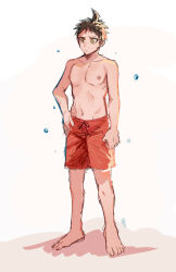 1boy ahoge bare_legs bare_pectorals barefoot beach brown_hair chinese_commentary closed_mouth collarbone commentary_request confused danganronpa_(series) danganronpa_s:_ultimate_summer_camp full_body furrowed_brow green_eyes hand_on_own_hip heichiyo hinata_hajime leaf_print light_frown male_focus male_swimwear navel nipples pectorals red_male_swimwear shadow short_hair simple_background solo spiked_hair standing swim_trunks toes topless_male water_drop wet white_background