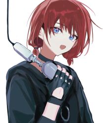 1girl black_choker black_gloves black_hoodie blue_eyes chinese_commentary choker commentary_request fingerless_gloves girls_band_cry gloves highres holding holding_microphone hood hood_down hoodie iseri_nina long_sleeves looking_at_viewer low_twintails microphone open_mouth red_hair short_hair short_twintails simple_background siy_(shengxiu760722) solo twintails upper_body watermark weibo_watermark white_background