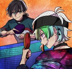 Rule 34 | 2boys, aizawa tomoya, antenna hair, black hair, black headband, blue eyes, blue hair, blue shirt, bright pupils, closed mouth, collared shirt, ear piercing, face piercing, fingernails, from side, green hair, hair between eyes, headband, holding, holding table tennis paddle, hood, hood down, hoodie, iida rintarou, lip piercing, long hair, long sleeves, looking at another, lowres, male focus, multicolored hair, multicolored hoodie, multiple boys, multiple piercings, official art, ookami game (studio wasabi), orange background, orange hair, paddle, paperclip, parted lips, piercing, ponytail, purple eyes, shirt, short ponytail, smirk, space print, sportswear, starry sky print, studio wasabi, table tennis paddle, three-quarter sleeves, two-tone shirt, upper body, white hair, white pupils, white shirt