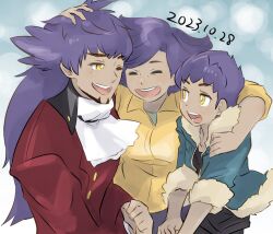 Rule 34 | 1girl, 2023, 2boys, brothers, closed eyes, dark-skinned female, dark-skinned male, dark skin, group hug, hop&#039;s mother (pokemon), hop (pokemon), hug, jacket, leon (pokemon), mother and son, multiple boys, nintendo, pokemon, pokemon swsh, purple hair, siblings, yellow eyes