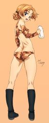 Rule 34 | 1girl, absurdres, ass, bikini, blue eyes, blush, boots, bow, braid, breasts, butt crack, camouflage, camouflage bikini, crotch, dated, erakin, from below, girls und panzer, hair bow, highres, ishihara mai, knee boots, looking at viewer, open mouth, orange background, orange hair, orange pekoe (girls und panzer), panzercrab, simple background, small breasts, smile, solo, swimsuit, teapot, voice actor connection