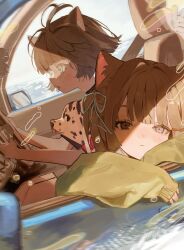 2girls animal_ear_fluff animal_ears blush bob_cut brown_eyes brown_hair bubble car car_seat cat_ears closed_mouth dalmatian day dog driving dutch_angle floating_hair from_side frown grey_eyes hair_ribbon hands_up head_rest head_tilt heterochromia highres horizon kurehalxxx long_sleeves looking_ahead motion_blur motor_vehicle multiple_girls ocean one_side_up original parted_lips profile puffy_long_sleeves puffy_sleeves ribbon right-hand_drive seatbelt short_hair sitting sky sleeves_past_wrists steering_wheel sunlight tongue tongue_out yellow_eyes