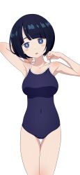 1girl absurdres armpits arms_up bare_shoulders blue_eyes blue_one-piece_swimsuit blush breasts bright_pupils commentary_request competition_school_swimsuit covered_navel gundam gundam_gquuuuuux highres looking_at_viewer medium_breasts na-suke one-piece_swimsuit school_swimsuit shiiko_sugai simple_background solo swimsuit white_background white_pupils