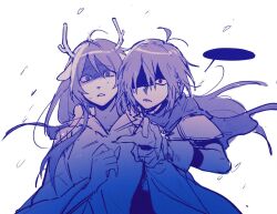 1girl 1other antlers armor blank_speech_bubble blue_theme commentary deer_antlers deer_girl deltarune furry furry_female highres holding_another&#039;s_wrist horns korean_commentary kris_(deltarune) long_hair monochrome noelle_holiday open_mouth partially_shaded_face red_eyes robe scarf short_hair shout_ing speech_bubble
