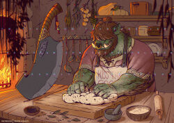 1boy apron baking bara barny_(ben_geldenhuys) ben_geldenhuys brown_fur chest_hair_peek chromatic_aberration cleaver cutting_board dough dungeons_&amp;_dragons face_piercing fire fireplace furry furry_male gnoll hair_over_eyes huge_weapon kneading_dough knife ladle male_focus mature_male mortar_(bowl) muscular muscular_male nose_piercing nose_ring orc original oven patreon_username pectorals pestle piercing rolling_pin single_flame smile solo spatula standing tusks watermark weapon
