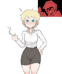 1girl aqua_eyes black_skirt blonde_hair blush breasts c&#039;venash_vishneri cigarette cowboy_shot hand_on_own_hip highres holding holding_cigarette medium_breasts miniskirt office_lady pencil_skirt psychopomp_(game) reference_inset shirt skirt smoke solo sweat taut_clothes taut_shirt white_shirt zlix0n