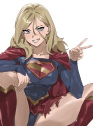 1girl absurdres blonde_hair blue_bodysuit bodysuit breasts cape collarbone dc_comics highres looking_at_viewer red_cape red_skirt skirt smile solo supergirl superman_(2025) taiyang_yu v white_background