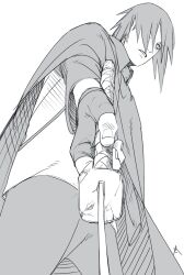 Rule 34 | 1boy, black cape, black gloves, black hair, boruto: naruto next generations, cape, chokutou, fingerless gloves, gloves, greyscale, hair over one eye, holding, holding sword, holding weapon, looking at viewer, male focus, monochrome, naruto (series), ninja, sharingan, short hair, simple background, solo, sword, uchiha sasuke, weapon, white background, zifletts