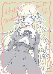 Rule 34 | 1girl, :d, arms at sides, assault lily, black ribbon, black skirt, blonde hair, blush, border, bow, breasts, buttons, commentary, cowboy shot, cropped jacket, dated, frilled skirt, frills, fumi (fumifumi3axl), green background, green eyes, hair bow, happy birthday, high-waist skirt, highres, inset border, juliet sleeves, long hair, long sleeves, looking at viewer, luise ingels, medium breasts, neck ribbon, open mouth, puffy sleeves, red border, ribbon, school uniform, simple background, skirt, smile, solo, standing, very long hair, white bow, yurigaoka girls academy school uniform