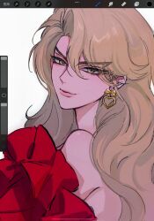 Rule 34 | blonde hair, dimple, dio brando, ear birthmark, earrings, genderswap, genderswap (mtf), highres, jewelry, jojo no kimyou na bouken, long hair, mingqi67342, phantom blood, smile, solo, yellow eyes