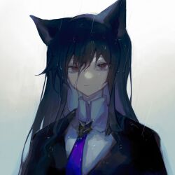 1girl animal_ears arknights black_hair black_jacket bolo_tie brown_eyes chinese_commentary closed_mouth collared_shirt commentary_request grey_shirt hair_between_eyes highres jacket long_bangs long_hair looking_at_viewer official_alternate_costume outdoors portrait rain shirt solo staring texas_(arknights) texas_the_omertosa_(arknights) water wet wet_clothes wet_hair wolf_ears wolf_girl yezhi_dun_luobei