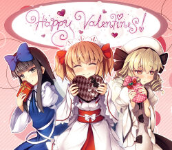 Rule 34 | 3girls, ^ ^, beret, black bow, black hair, black ribbon, blonde hair, blue bow, blue dress, blunt bangs, blush, bow, box, chima q, closed eyes, cowboy shot, dress, drill hair, embarrassed, facing viewer, fairy, fairy wings, gift, gift bag, grey eyes, hair bow, hair ribbon, happy valentine, hat, headdress, heart, heart-shaped box, highres, hime cut, holding, holding box, holding gift, juliet sleeves, lace, lace-trimmed dress, lace trim, long hair, long sleeves, looking at viewer, luna child, multiple girls, neck ribbon, orange eyes, orange hair, outline, photoshop (medium), pink background, puffy sleeves, red bow, red hair, red sash, ribbon, sash, shirt, short hair, smile, star sapphire, striped background, sunny milk, take your pick, touhou, two side up, valentine, white bow, white dress, white headwear, white outline, white sash, white shirt, wide sleeves, wings