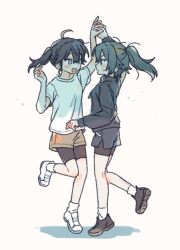 2girls aged_down ahoge antenna_hair arm_up bike_shorts bike_shorts_under_shorts black_hair black_jacket black_shorts blush brown_shoes brown_shorts commentary_request dancing doch1_suki facing_another full_body gakuen_idolmaster green_hair holding_hands idolmaster interlocked_fingers jacket kaya_rinha multiple_girls ponytail shirt shoes shorts simple_background smile sneakers standing standing_on_one_leg sweat t-shirt tsukimura_temari twintails white_background white_shirt white_shoes yuri