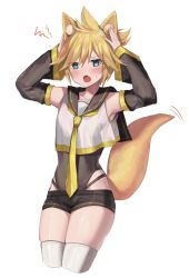 Rule 34 | 1boy, animal ears, arms up, black sailor collar, black shorts, blonde hair, blue eyes, blush, crossdressing, crossdressing (mtf), detached sleeves, fox ears, fox tail, jsun7334, kagamine len, male focus, navel, necktie, open mouth, ponytail, sailor collar, school uniform, serafuku, short ponytail, shorts, simple background, solo, solo focus, tail, thighs, tight clothes, trap, vocaloid, yellow necktie