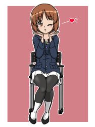 Rule 34 | 1girl, adapted costume, black pantyhose, blowing kiss, blue jacket, boots, brown eyes, brown hair, collared shirt, fuchigami mai, girls und panzer, green undershirt, hands on own chin, hands under chin, heart, jacket, long sleeves, miniskirt, nishizumi miho, on chair, one eye closed, ooarai military uniform, pantyhose, pink background, pleated skirt, shirt, short hair, simple background, sitting, skirt, takahashi kurage, voice actor connection, white boots, white skirt