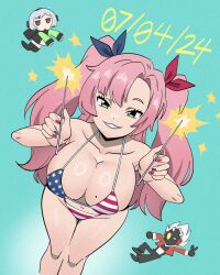 1girl 2024 alternate_costume american_flag american_flag_bikini american_flag_print anby_demara bikini billy_kid blue_nails breasts chibi chibi_inset cleavage dated feet_out_of_frame fingernails fireworks flag_print flag_print_bikini fourth_of_july full_body green_eyes grin hair_ribbon hands_up highres holding holding_fireworks kewlbot large_breasts leaning_forward long_hair looking_at_viewer mole mole_on_breast multicolored_nails nail_polish nicole_demara parted_lips pink_hair print_bikini red_nails ribbon smile solo sparkler swimsuit two_side_up zenless_zone_zero