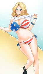 1girl american_flag american_flag_bikini american_flag_print arm_support bikini black_shoes blonde_hair blue_eyes blush bracelet breasts cleavage closed_mouth clothes_lift commentary derivative_work female_focus flag_print girls_und_panzer hair_intakes head jewelry kay_(girls_und_panzer) large_breasts leaning_to_the_side legs lifting_own_clothes long_hair looking_at_viewer navel print_bikini sasaki_tatsuya shirt shirt_lift shoes side-tie_bikini_bottom smirk solo sparkle standing swimsuit tank_top white_shirt