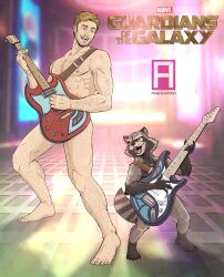 2boys animal_ears artist_logo artist_name barefoot commentary completely_nude convenient_censoring copyright_logo electric_guitar english_commentary fangs frank_humphrey furry furry_male guardians_of_the_galaxy guitar highres holding holding_instrument instrument logo looking_at_another male_focus marvel marvel_cinematic_universe multiple_boys music nude open_mouth peter_quill playing_instrument raccoon_boy raccoon_ears raccoon_tail rocket_raccoon star-lord tail