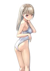 1girl absurdres ass bare_shoulders blonde_hair blush breasts closed_mouth collarbone emutsuichi highres long_hair looking_at_viewer one-piece_swimsuit original purple_eyes simple_background small_breasts smile solo swimsuit thighs white_background white_one-piece_swimsuit