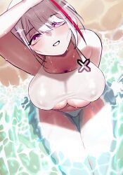 1girl absurdres arm_behind_back arm_over_head azur_lane beach bikini blush breasts cleavage duisburg_(azur_lane) from_above grin hair_over_one_eye happy highres large_breasts looking_at_viewer looking_up medium_hair multicolored_hair ocean on_ground partially_submerged purple_eyes red_eyes rmflawhdk12345 skin_tight skindentation smile solo streaked_hair swimsuit thigh_gap thighs two-tone_hair underboob water wet_bikini white_bikini white_hair