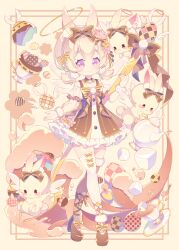 Rule 34 | 1girl, animal ear fluff, animal ears, asymmetrical legwear, bare shoulders, blonde hair, blush, bow, bowtie, brown dress, brown shoes, brown thighhighs, closed mouth, commentary request, cup, dress, easter egg, egg, flower, frilled dress, frills, full body, fur-trimmed thighhighs, fur trim, hair bow, hair flower, hair ornament, high heels, holding, holding spoon, holding teapot, hyou (pixiv3677917), looking at viewer, mismatched legwear, off-shoulder dress, off shoulder, original, purple eyes, rabbit, rabbit ears, rabbit girl, red flower, shoes, short hair, short sleeves, smile, solo, spoon, standing, sugar cube, teapot, thighhighs, white thighhighs, yellow bow, yellow bowtie, yellow flower