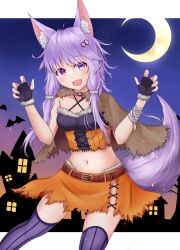 1girl :d absurdres alternate_costume animal_ears bandaged_wrist bandages bat_background black_gloves blush breasts brown_capelet capelet claw_pose cleavage commentary corset crescent_moon crop_top cross-laced_clothes cross-laced_corset cross-laced_skirt english_commentary fang fingerless_gloves fox_ears fox_girl fox_tail gloves hair_ornament hairpin halloween halloween_costume hands_up happy highres leaning_forward legs_apart long_hair looking_at_viewer medium_breasts midriff miniskirt moon nail_polish navel night night_sky open_mouth orange_corset orange_skirt purple_eyes purple_hair purple_nails shirt shirua_(s4-42424) side_slit skirt sky sleeveless sleeveless_shirt slit_pupils small_breasts smile solo standing striped_clothes striped_thighhighs tail thighhighs thighs torn_capelet torn_clothes torn_shirt torn_skirt twintails vertical-striped_clothes vertical-striped_thighhighs vocaloid voiceroid yuzuki_yukari