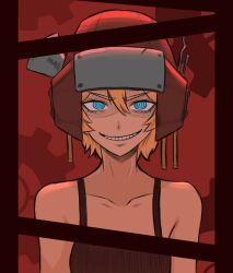1girl black_tank_top blonde_hair blue_eyes c&#039;venash_vishneri collarbone commentary english_commentary funnibunni gears grin helmet looking_at_viewer medium_hair psychopomp_(game) psychopomp_(helmet) red_background ringed_eyes smile solo tank_top upper_body