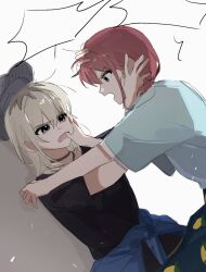 2girls angry baseball_cap black_choker black_shirt blank_speech_bubble blue_eyes blue_shirt choker clothes_around_waist girls_band_cry grey_eyes grey_hair grey_hat hand_in_another&#039;s_mouth hand_on_another&#039;s_face hat highres i2727272727 iseri_nina jacket jacket_around_waist kawaragi_momoka long_hair looking_at_another multicolored_hair multiple_girls open_mouth red_hair roots_(hair) shirt short_sleeves short_twintails shouting speech_bubble twintails yuri
