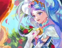 1girl :d amanogawa_kirara blue_hair braid capelet cure_mermaid cure_twinkle day detached_sleeves earrings flower go!_princess_precure jewelry kaidou_minami long_hair long_sleeves multicolored_hair nani_(s2_nani) open_mouth outdoors parted_bangs petals precure purple_eyes purple_hair red_flower red_rose rose smile two-tone_hair upper_body very_long_hair white_capelet white_sleeves