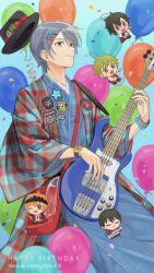 5boys ahoge akiyama_hayato alternate_costume aqua_background badge bag balloon band_(music) bass_guitar bear_hair_ornament birthday black_hair black_hat blue_eyes blue_kimono blush_stickers bracelet brown_eyes button_badge character_charm character_name charm_(object) checkered_clothes checkered_haori chibi closed_eyes closed_mouth commentary_request confetti dated drumsticks electric_guitar english_text feet_out_of_frame fingernails fukakuteisei fuyumi_jun glasses gradient_background green_eyes green_hair grey_eyes grey_hair guitar hair_ornament hairclip haori happy_birthday hat high_x_joker_(idolmaster) highres holding holding_bass_guitar holding_drumsticks holding_guitar holding_instrument holding_microphone idol idol_clothes idolmaster idolmaster_side-m instrument iseya_shiki jacket japanese_clothes jewelry keytar kimono light_smile long_bangs looking_at_viewer microphone multicolored_jacket multiple_boys music no_nose official_alternate_costume one_eye_closed open_mouth orange_hair playing_guitar playing_instrument sakaki_natsuki semi-rimless_eyewear short_hair shoulder_bag smile solo_focus standing straight_hair sweatdrop swept_bangs under-rim_eyewear wakazato_haruna watch wristband wristwatch