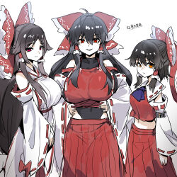 3girls absurdly_long_hair ahoge ascot bare_shoulders black_hair bow breasts chihaya_(clothing) detached_sleeves frilled_hair_tubes frills gensokyo&#039;s_first_hakurei_miko hair_bow hair_tubes hakama hakurei_reimu highres japanese_clothes large_breasts leotard long_hair long_sleeves looking_at_viewer low-tied_long_hair m.u.g.e.n miko multiple_girls nontraditional_miko open_mouth ponytail red_bow red_eyes ribbon ribbon-trimmed_sleeves ribbon_trim sendai_hakurei_no_miko sendai_hakurei_no_miko_(m.u.g.e.n) skirt smile touhou user_mprk5278 very_long_hair wide_sleeves