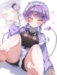 1girl absurdres apron barefoot bibi_(tokoyami_towa) black_nails black_shorts blush commentary_request demon_girl demon_tail double_bun fangs feet floral_print_jacket green_eyes hair_bun heart heart_tail highres hololive jacket long_sleeves looking_at_viewer maid_apron maid_headdress official_alternate_costume purple_hair purple_jacket shorts solo striped_clothes sweatdrop tail toes tokoyami_towa tokoyami_towa_(8th_costume) virtual_youtuber white_apron white_background yhs040626 zoom_layer