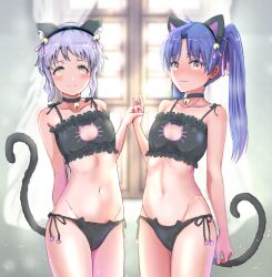 2girls animal_cutout animal_ears bell black_bra black_choker black_panties blue_hair blurry blurry_background blush bra brown_eyes cat_cutout cat_ear_panties cat_ears cat_lingerie cat_tail choker cleavage_cutout closed_mouth clothing_cutout collarbone cowboy_shot fake_animal_ears fake_tail flat_chest frilled_bra frills groin hair_bell hair_ornament hakubaru holding_hands idolmaster idolmaster_(classic) idolmaster_million_live! indoors jingle_bell kisaragi_chihaya looking_at_viewer makabe_mizuki meme_attire multiple_girls navel neck_bell panties purple_hair short_hair side-tie_panties sidelocks smile stomach tail twintails underwear underwear_only wavy_mouth window yellow_eyes
