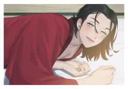 1boy alternate_costume androgynous black_hair border commentary_request dragon_quest dragon_quest_xi earrings green_eyes highres jewelry jimaku looking_at_viewer looking_to_the_side lying male_focus medium_hair on_bed on_stomach open_mouth parted_hair red_shirt shirt solo stud_earrings sylvia_(dq11) teeth upper_body v-neck white_border