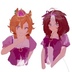 Rule 34 | 2girls, @ @, alternate hairstyle, animal ears, blush, bow, brown hair, commentary request, cropped torso, crown, ear ornament, ear ribbon, ears down, grin, hair between eyes, hairband, hand on own chin, hcrane hrs, highres, horse ears, horse girl, l hand, looking at viewer, matching hairstyle, meisho doto (umamusume), mini crown, multicolored hair, multiple girls, orange hair, puffy short sleeves, puffy sleeves, purple eyes, purple hairband, purple ribbon, purple shirt, ribbon, sailor collar, sailor shirt, school uniform, shirt, short hair, short sleeves, short twintails, simple background, smile, streaked hair, summer uniform, t.m. opera o (umamusume), tracen school uniform, twintails, umamusume, white background, white hair