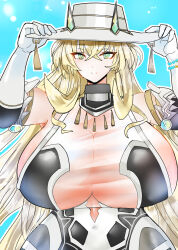 1girl barghest_(fate) barghest_(fgo_fes._2025)_(fate) blue_background breasts bright_pupils fate/grand_order fate_(series) gloves green_eyes hat highres huge_breasts long_hair official_alternate_costume smile solo souki3123 white_gloves white_hat white_pupils