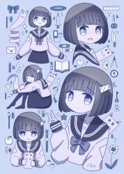 1girl :d :o absurdres animal apple bandaid black_pantyhose black_skirt blue_background blue_eyes blue_theme blunt_bangs blush book bookmark bow bowtie brown_hair cat cathead closed_mouth collarbone commentary compass compass_(instrument) cowboy_shot cross d: dandelion digital_media_player dot_mouth earbuds earphones eraser flower food from_side fruit full_body ghost hair_ornament hair_ribbon heart highres holding holding_animal holding_cat holding_ghost hoop ipod key knife leaf letter lock long_sleeves looking_at_viewer love_letter multiple_views no_nose nose_blush omochi_noa one_eye_closed open_book open_mouth original padlock paint_tube paintbrush pantyhose pen pill pleated_skirt protractor rectangle ribbon ruler sailor_collar school_uniform scissors serafuku shirt short_hair signature sitting skirt smile solid_oval_eyes sparkle star_(symbol) strawberry symbol-only_commentary syringe toothbrush toothpaste triangle upper_body v watch water_drop wristwatch