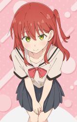 1girl absurdres arm_support black_skirt blush bocchi_the_rock! bow bowtie brown_sailor_collar brown_shirt collar commentary_request green_eyes hair_behind_ear hair_between_eyes highres kita_ikuyo leaning_forward long_hair looking_at_viewer mimori_(mimori_05) one_side_up pink_background pleated_skirt red_bow red_bowtie red_hair sailor_collar shirt short_sleeves sidelocks skirt smile solo