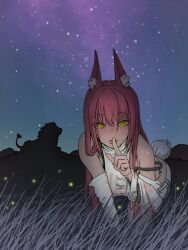 1girl animal animal_ear_fluff animal_ears bare_shoulders black_sports_bra blush breasts closed_mouth detached_sleeves finger_to_mouth goddess_of_victory:_nikke hair_intakes highres large_breasts leona_(nikke) lion long_hair looking_at_viewer mero_(ilsttkgbz11) nature night outdoors pink_hair shirt shushing sideless_shirt sidelocks sports_bra tail timi_(nikke) turtleneck turtleneck_shirt white_shirt yellow_eyes